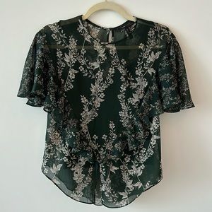 XXS BCBGMaxAzria Green Sheer Floral Short Sleeve Blouse with Sewn Green Tank